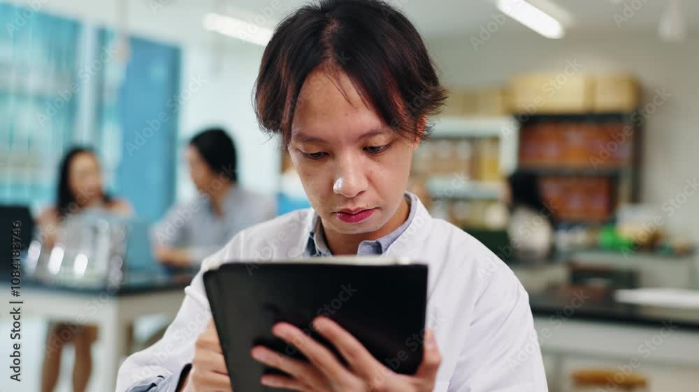 Poster Man, tablet and lab app at university with planning, digital project and thesis writing. Japanese, class and knowledge with science notebook and website research for phd of graduate on school tech