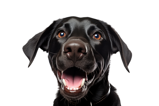 Close-up of a joyful black Labrador dog with its tongue out, panting happily as it gazes directly at the camera. The dog's shiny fur glistens in the light