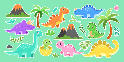 A collection of dinosaur stickers with a green background. The dinosaurs are of various sizes and colors, including a pink one © MariiaMart