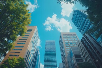 High Angle View of Skyscrapers with Blue Sky and Green Trees in City