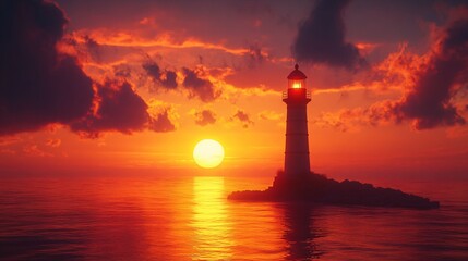 Lighthouse glowing in the orange light of sunset, radiating comfort and tranquility, lighthouse, sunset, orange light
