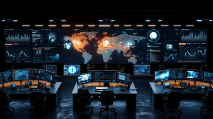 A high tech control room featuring multiple screens displaying global data and analytics. atmosphere is intense and focused, ideal for monitoring critical information
