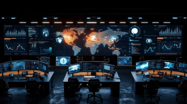 A high tech control room featuring multiple screens displaying global data and analytics. atmosphere is intense and focused, ideal for monitoring critical information