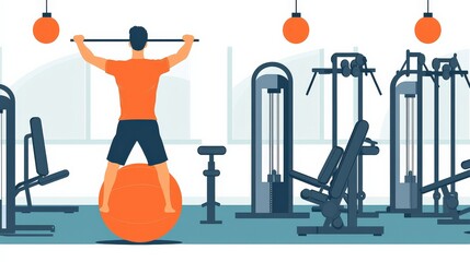 A person is exercising in a gym, balancing on an orange stability ball while lifting weights, surrounded by various gym equipment.