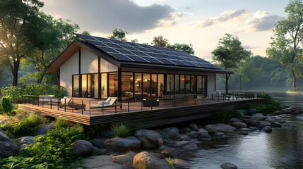 Obraz premium Modern Solar House on Lake: 3D Rendering of Sustainable Lakeside Home with Deck