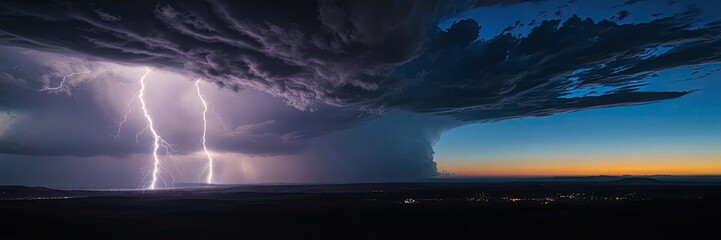 dramatic nighttime landscape with a powerful lightning strike as its focal point. lightning in the dark
