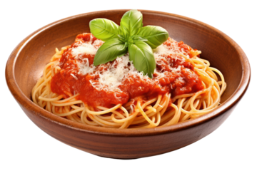 An overhead view of freshly made spaghetti served in a rustic bowl, topped with a rich marinara sauce, grated Parmesan cheese, and fresh basil leaves.