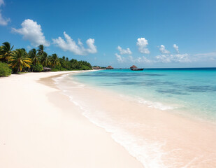 Picture depicting a tropical beach with white sand stretching along the shoreline. The palm trees and the lush greenery create a unique natural environment.