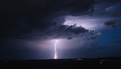 dramatic nighttime landscape with a powerful lightning strike as its focal point. lightning in the dark