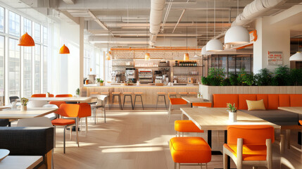 Bright and modern cafe interior featuring orange accents, wooden tables, and ample natural light. inviting atmosphere is perfect for socializing or working