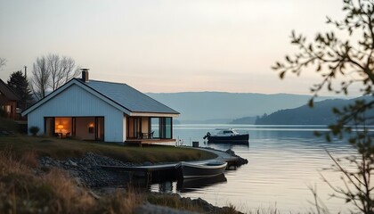 Fototapeta premium Modern house with a minimalist design along the riverside in evening light, a small boat docked nearby