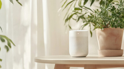Obraz premium A modern smart speaker sits on wooden table beside potted plant, surrounded by natural light and greenery, creating serene and stylish atmosphere