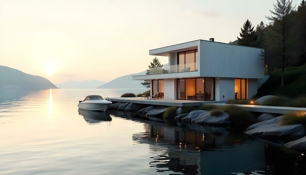 Modern house with a minimalist design along the riverside in evening light, a small boat docked nearby