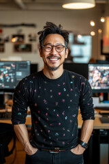 Fototapeta premium smiling man stands confidently in modern office environment, wearing stylish black sweater adorned with colorful patterns. His cheerful demeanor adds vibrant touch to workspace filled with computer