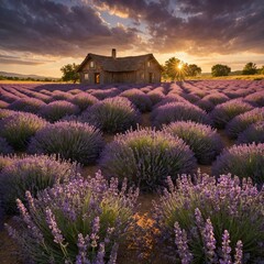 Endless rows of lavender flowers in full bloom, stretching toward the horizon under a golden summer sky. A charming rustic cottage sits in the background.

