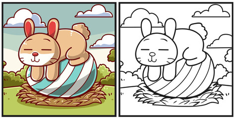 Fototapeta premium Easter rabbit are brooding in their nest coloring page illustration