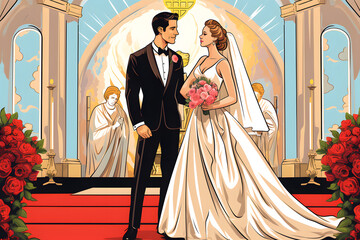 pop art style illustration of a couple marrying at the altar
