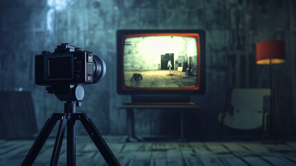 A professional camera on a tripod filming a vintage television in a dimly lit retro-style room with a textured wall.