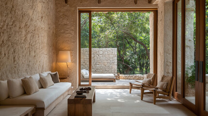Fototapeta premium A serene living room featuring minimalist design with natural light streaming through large windows. space is adorned with neutral tones and wooden accents, creating tranquil atmosphere