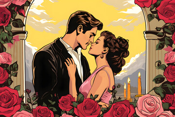 pop art style illustration of a couple marrying at the altar