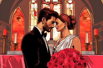 pop art style illustration of a couple marrying at the altar