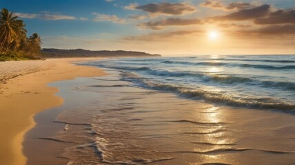 Obraz premium A scenic view of a pristine beach with golden sand, turquoise water, and a vibrant sunset.