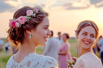 Brides with floral crowns and lace dresses smiling during an outdoor wedding celebration