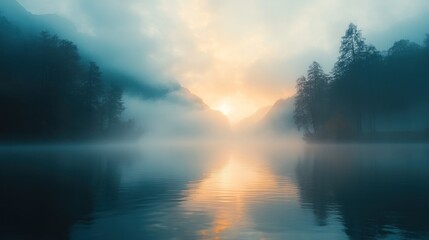 Fototapeta premium Misty sunrise over a calm lake with mountains in the background.