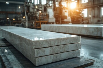 Industrial marble manufacturing plant with large marble slabs stacked in rows, machinery in the background, ample top copyspace, clean and professional setting