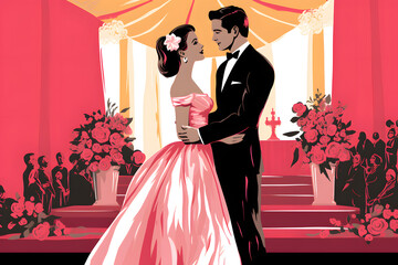 pop art style illustration of a couple marrying at the altar