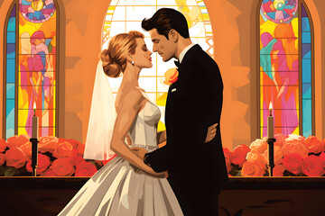 pop art style illustration of a couple marrying at the altar