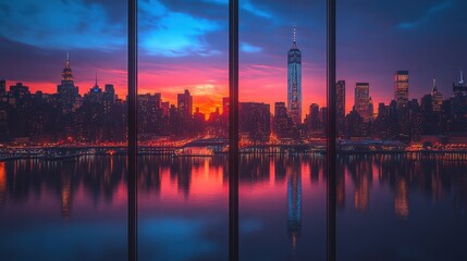 Fototapeta premium Stunning Panoramic View of Manhattan's Illuminated Skyline at Dusk, Perfect for Travel and Cityscape Enthusiasts