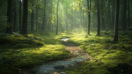 Obraz premium A serene forest glade with a carpet of moss, dappled sunlight filtering through the leaves, and a small stream running through it.