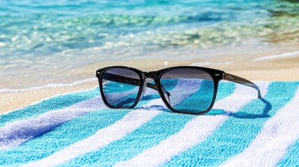 Sunglasses Resting on a Blue and White Striped Beach Towel