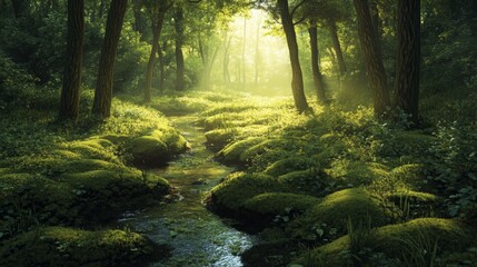 Obraz premium A serene forest glade with a carpet of moss, dappled sunlight filtering through the leaves, and a small stream running through it.