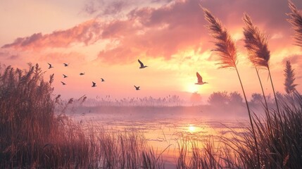 A serene marshland at sunrise, with reeds swaying in the breeze, birds taking flight, and the sky tinged with soft pink and orange hues
