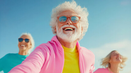 Joyful seniors enjoying sunny day at beach, wearing colorful outfits and sunglasses, radiating happiness and vitality. Their smiles reflect carefree spirit and love for life
