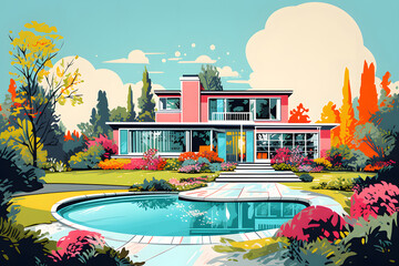 pop art style illustration of a birthday living room interior