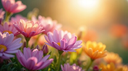 Fototapeta premium Warm sunlight on colorful blooming flowers