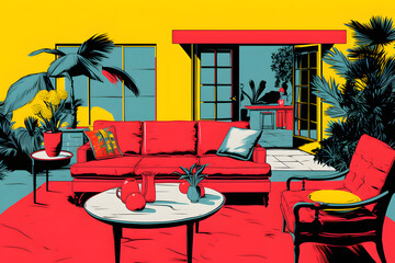 pop art style illustration of a birthday living room interior