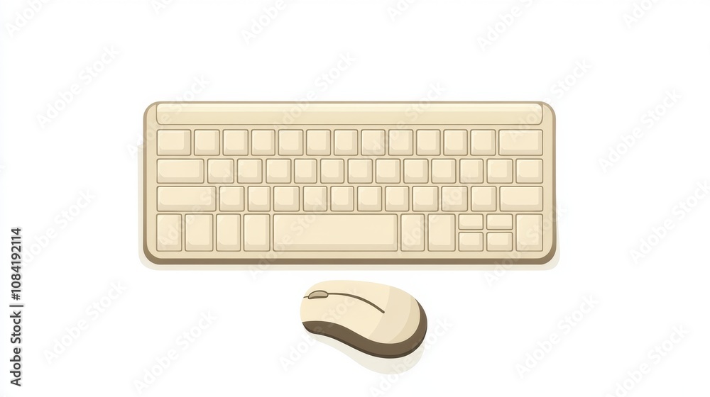 Poster a beige computer keyboard and mouse are neatly positioned on a white surface, creating a minimalist 