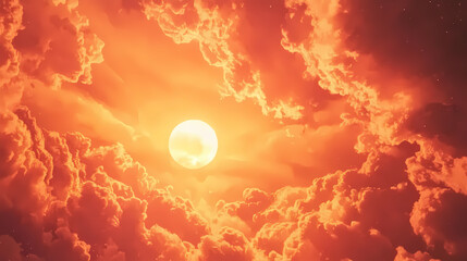 Obraz premium Vibrant orange and pink hues sweep across a dramatic sky with wispy clouds, illuminated by a radiant sun,. Elysium. Illustration