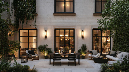 Fototapeta premium A beautifully designed outdoor patio featuring elegant furniture, lush greenery, and warm lighting creates serene atmosphere for relaxation and gatherings
