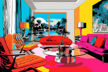 pop art style illustration of a birthday living room interior