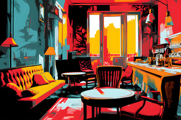 pop art style illustration of a birthday living room interior