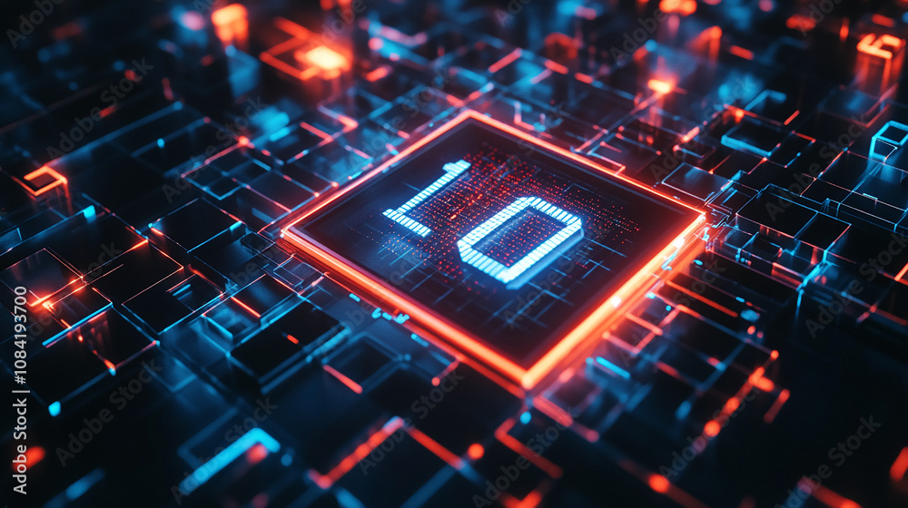 Poster glowing number 10 displayed prominently on a vibrant, complex circuit board