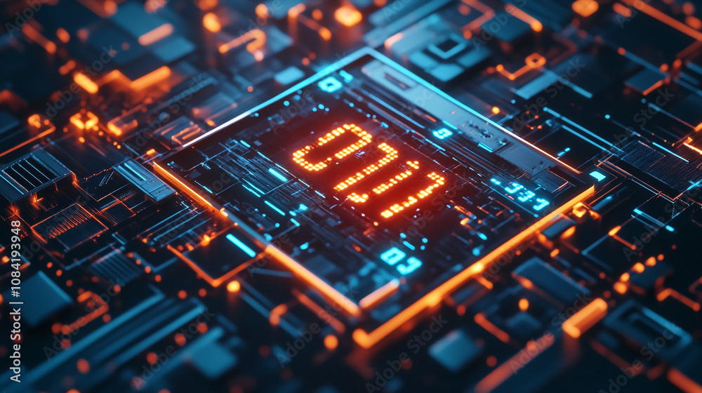 Poster glowing orange numbers 01 illuminate a complex circuit board, rendered in a highly detailed, futuris