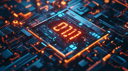 Obraz premium Glowing orange numbers 01 illuminate a complex circuit board, rendered in a highly detailed, futuristic style