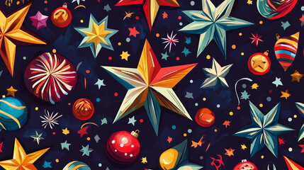 Fototapeta premium Festive seamless pattern with colorful Christmas stars and ornaments on a dark decorative background