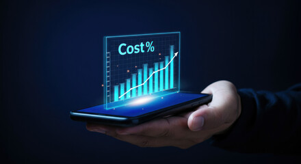 Digital growth chart on smartphone display with glowing bar graph and cost percentage analysis.